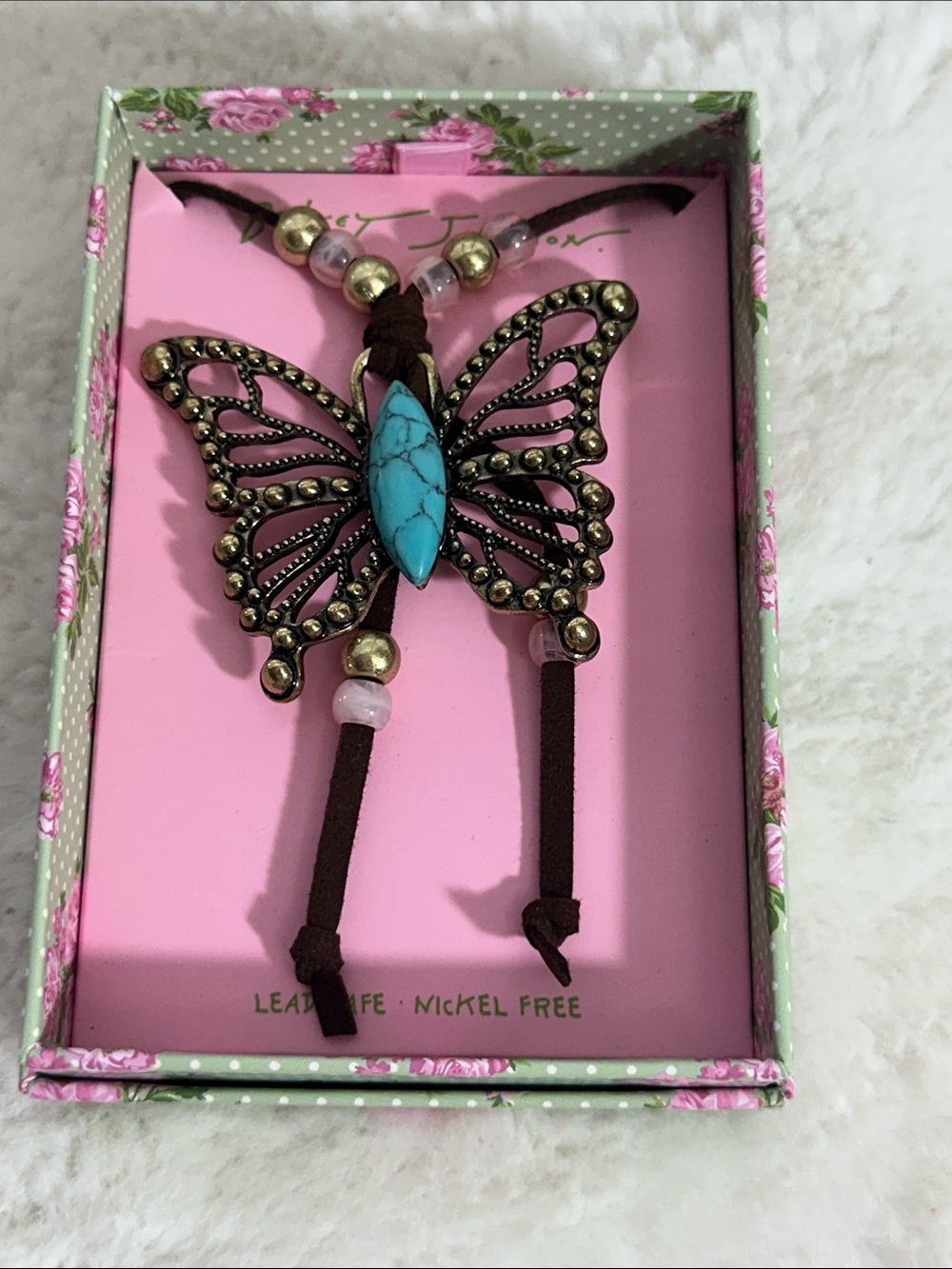 Betsey Johnson boho butterfly necklace gold-tone pendant faux turquoise stone